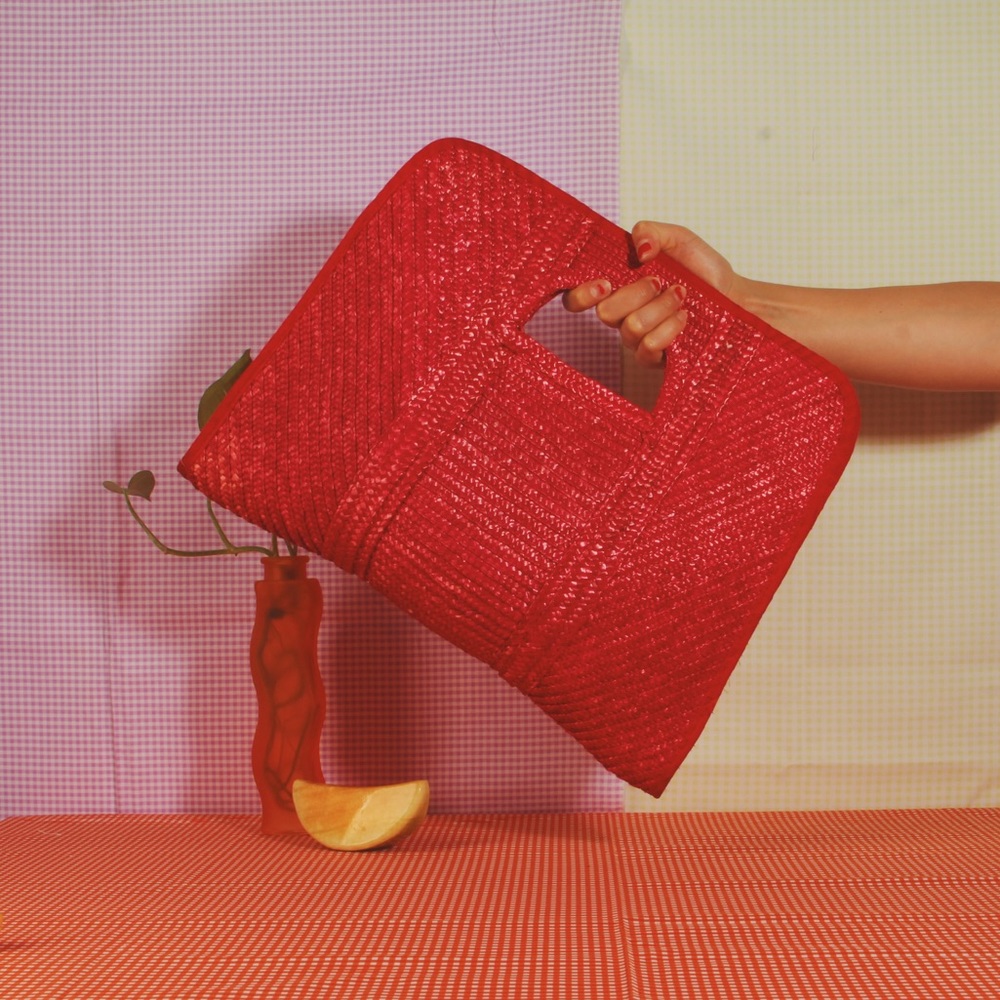 Vintage Red Woven Straw Handbag Square Clutch